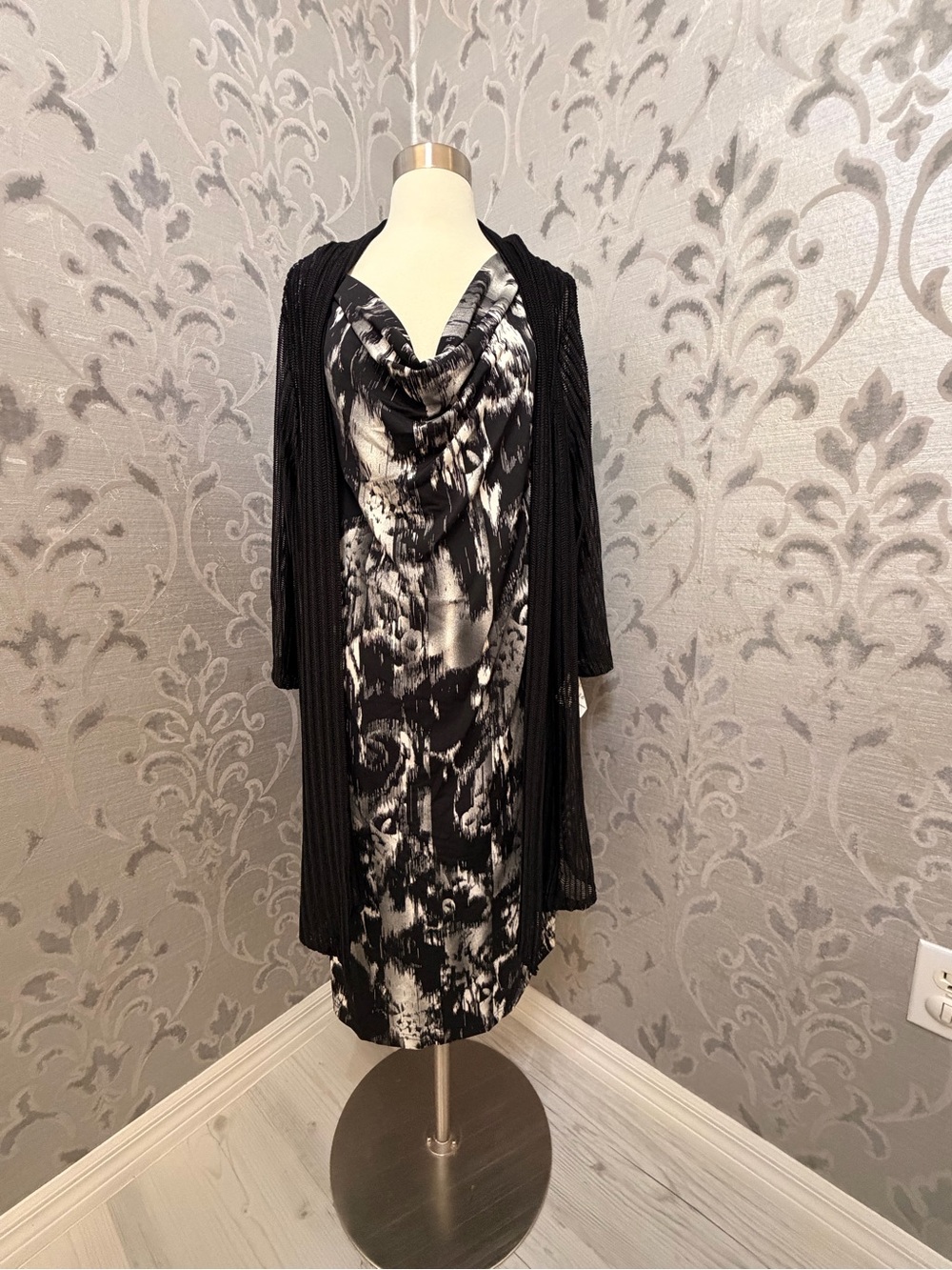 connected apparel Black and White Long Sleeve Dress with Draped Neck